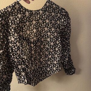 Sheer Black Boho Floral Puff-Sleeve opened backless Blouse